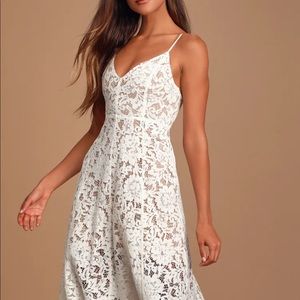 Lulu’s One Wish White Lace Midi Dress